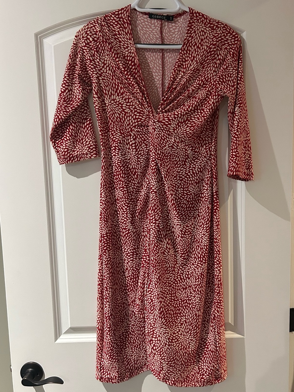 Red Patterned V-Neck Women's Dress